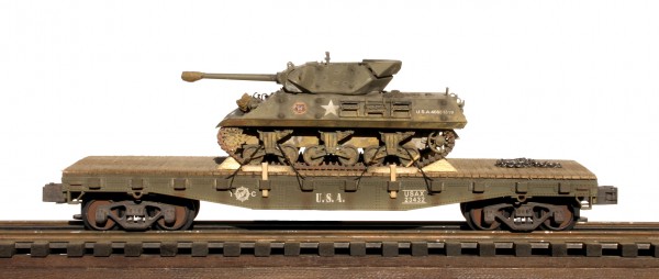 US Army M10 Tank Destroyer on 42′ Flat Car USAX 23432(AV14.1OS-FC3.2USA)_Operates on 3-Rail “O”Gauge track