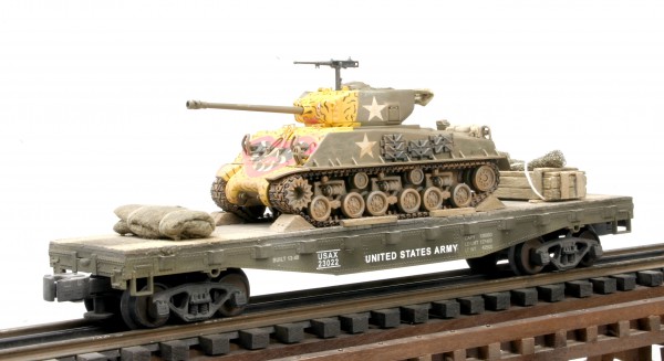 US Army M4A3E8 “Easy Eight-Tiger Face” Korean Era Tank on 42′ Flat Car USAX 23022(AV3.3B2-FC3.2USA)_Operates on 3-Rail “O”Gauge track • Available Today • (CTN 27)