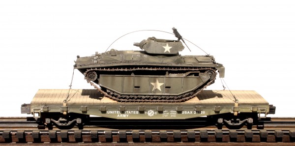 US Army LVT(A)4 w/75mm Gun Turret on 42′ Flat Car USAX 24720(BSA9.1-FC3.2USA)_Operates on 3-Rail “O”Gauge track