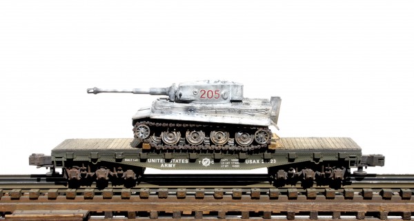 US Army Captured WWII German Pz VI Tiger Tank 205 on U.S. Army 42` Flat Car USAX 24723(CAPAV2.5-FC3.2BUSA/GER)_Operates on 3-Rail “O”Gauge track • Available Today • (CTN 14)