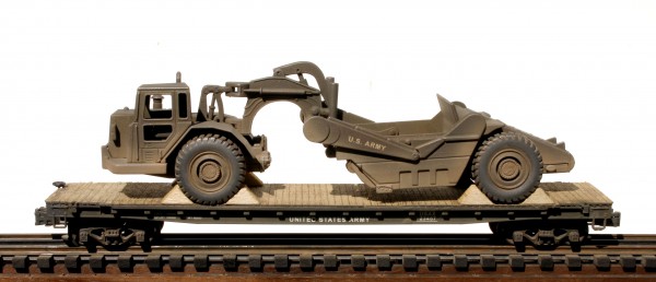 US Army Corps of Engineers Motorized Pan Scraper on 50′ Flat Car USAX 23457,Vietnam, (EME 17-FC6.2USA)_Operates on 3-Rail “O”Gauge track (CTN 33)