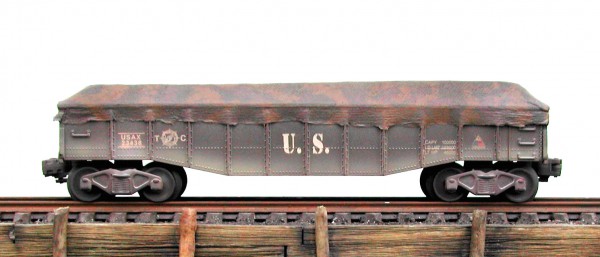 US Army 38′ GONDOLA w/Camo Covered Load USAX 23438(GON4USA)_Operates on 3-Rail “O”Gauge track  • Available Today • (CTN 14)