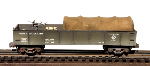 US Army 42’Gondola w/20mm AA Gun, Tarp Cover & Assorted Supplies USAX 23439(GON8.4USA)_Operates on 3-Rail “O”Gauge track(CTN29)