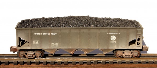 US Army 4-Bay Coal Hopper w/Coal Load USAX 23428(SC6USATC)_Operates on 3-Rail “O”Gauge track