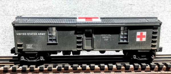 US Army Hospital Supply Car USAX 23071, Lighted, (SC1.2USA)_Operates on 3-Rail “O”Gauge track • Available Today • (CTN 27)