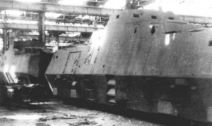 WWII Captured PanzerJager-Triebwagen 51 at interior of factory in Germany, 1945~222