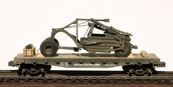 U.S. Army LeTourneau Carry-All Scraper on 42′ Flat Car USAX 26724(EME33-FC3.2USA)_Operates on 3-Rail “O”Gauge track • Available Today • (CTN 3)