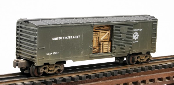 US Army Steam “RailSounds” Box Car with Door Cargo Insert USAX 17457(SC11.1USA)_Operates on 3-Rail “O”Gauge track • Available Today • (CTN 32)