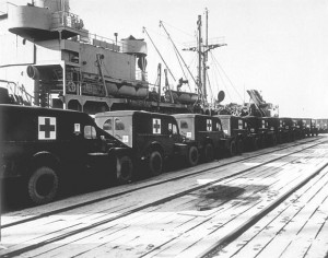 WC-54 3:4-ton, 4x4 Dodge ambulances awaiting shipment, Hampton Roads Port of Embarkation, Newport News, VA, 1943