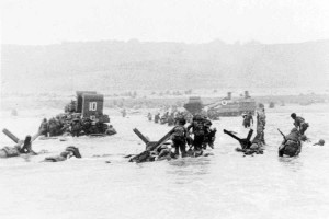 D-Day, June 6, 1944, Sherman No.10 w:deep water funnels going ashore