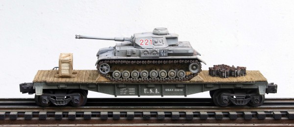 US Army Captured WWII German Pz IV Tank 221 on U.S. Army 40` Flat Car USAX 23014(CAPAV1.5-FC2.2USA/GER)_Operates on 3-Rail “O”Gauge track • Available Today • (CTN 3)