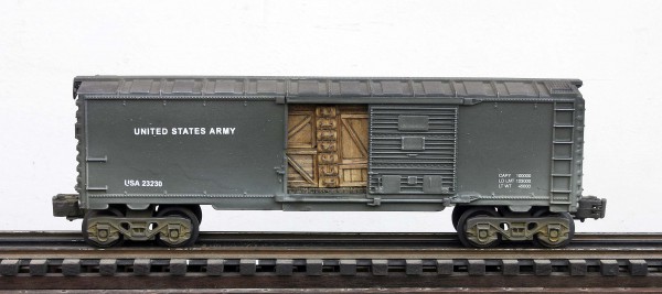 US Army 40′ Box Car with Door Cargo Inserts USA 23230(SC9E.1USA)_Operates on 3-Rail “O”Gauge track • Available Today • (CTN 32)