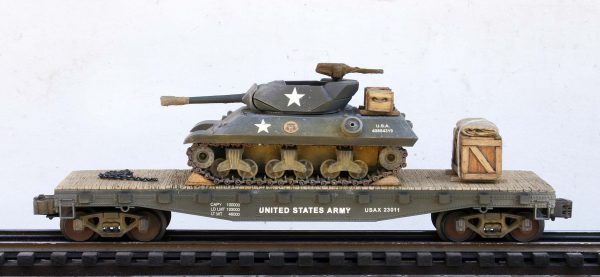 US Army M10 Tank Destroyer on 42′ Flat Car USAX 23011(AV14-FC3.2USA)_Operates on 3-Rail “O”Gauge track • Available Today • (CTN 31)