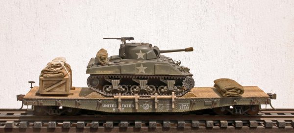 US Army M4(75) Sherman Tank on 42′ Flat Car USAX 23523(AV3.2.OS-OSFC3.2USA)_Operates on 2-Rail “O”Scale track • Available Today • (CTN 37)