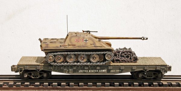 US Army Captured WWII German JagdPanther 321 on U.S. Army 42` Flat Car USAX 23034(CAPAV3.6-FC3.2USA/GER)_Operates on 3-Rail “O”Gauge track • Available Today • (CTN 20)