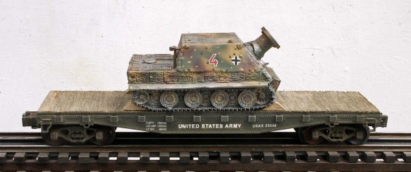 US Army Captured WWII German Sturmtiger  38cm RW61 Morser No.4 on U.S. Army 42` Flat Car USAX 23046(CAPAV8.1-FC3.2USA/GER)_Operates on 3-Rail “O”Gauge track • Available Today • (CTN 20)