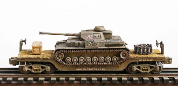 US Army Captured WWII German Pz IV Tank 612 on U.S. Army 32` Flat Car USAX 24431(CAPAV1.1-FC5.2USA/GER)_Operates on 3-Rail “O”Gauge track • Available Today • (CTN 20)