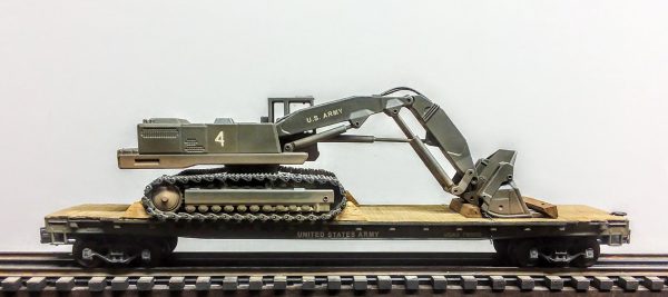 US Army Corps of Engineers Tracked Excavator on 50′ Flat Car~ USAX 78900, Vietnam,(EME18A-FC6.2USA_Operates on 3-Rail “O”Gauge track • Available Today • (CTN 23)