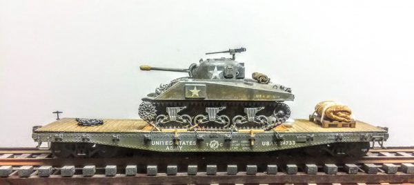 US Army M4(75) Sherman Tank on 42′ Flat Car USAX 24733(AV3.2.OS-OSFC3.2USA)_Operates on 2-Rail “O”Scale track • Available Today • (CTN 37)