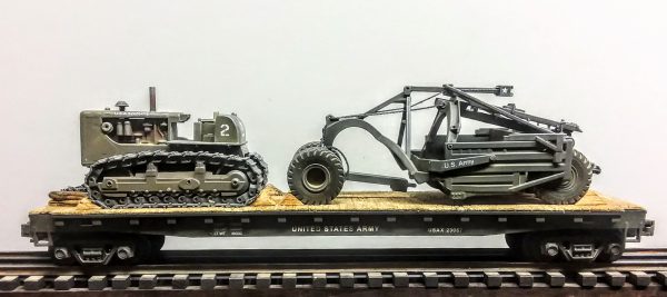 U.S. Army Crawler Tractor & Le Tourneau Scraper on 50′ Flat Car USAX 23057(EME37B-FC6.2USA)_Operates on 3-Rail “O”Gauge track • Available Today • (CTN 14)