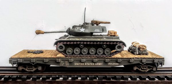 US Army M47 Patton Tank on 42′ Flat Car, USAX 23300(AV14-FC3.2USA)_Operates on 3-Rail “O”Gauge track • Available Today • (CTN 32)