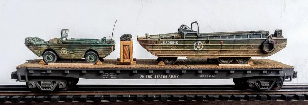 US Army Amphibious GPA Jeep & GMC DUKW on a 50′ Flat Car USAX 23020(MV26-FC6.2USA)_Operates on 3-Rail “O”Gauge track • Available Today • (CTN 27)