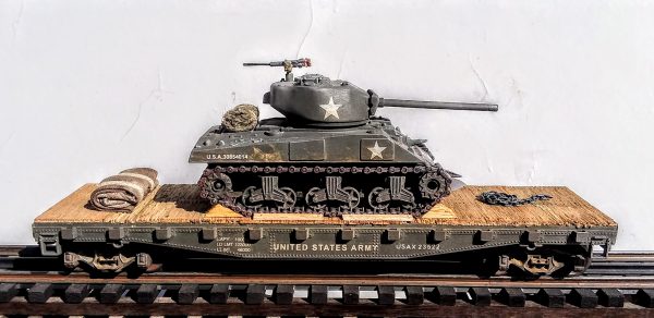 US Army M4A3(76)W Sherman Tank w/Cullen Hedgerow Device & 76mm Gun on 42’Flat Car USAX23522(AV3.5-FC3.2USA)_Operates on 3-Rail “O”Gauge track • Available Today • (CTN 32)