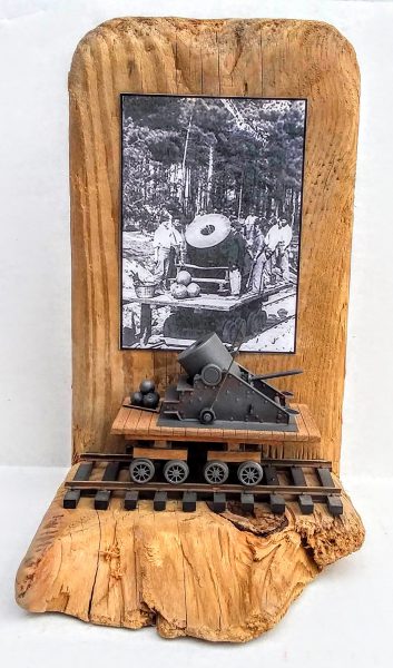 American Civil War Railroad Commemorative Display_13″ Mortar “Dictator” on Flat Car with “The Siege of Petersburg, VA • 1864” period photo • Available Today • (CTN 46)