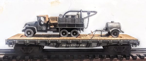 US Army GMC Cargo Truck w/Rescue Hoist & Container Tow Trailer on 42′ Flat Car, USAX 23564(V8C-FC3.2USA)_Operates on 3-Rail “O”Gauge track  • Available Today • (CTN 31)