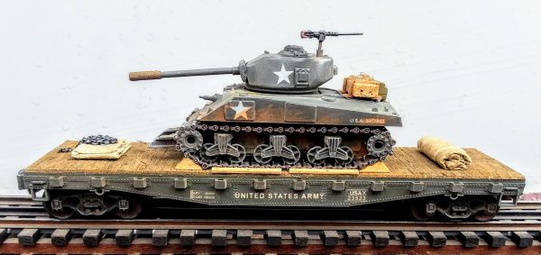 US Army M4A3(76)W Sherman Tank w/Cullen Hedgerow Device & 76mm Gun on 42’Flat Car USAX23533(AV3.5-FC3.2USA)_Operates on 3-Rail “O”Gauge track  • Available Today • (CTN 4)