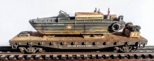 US Army GMC Amphibious DUKW w/Cargo Supplies & Tire Bumpers on 42′ Flat Car U.S.A.511629(BSA2.1-FC3.2USA)_Operates on 3-Rail “O”Gauge track  • Available Today • (CTN 1)