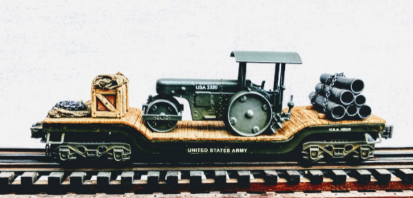 U.S. Army Engineers Road Roller & Pipe Load on Drop Center Flat Car USA 511629(EME34-FC2.2USA)_Operates on 3-Rail “O”Gauge track • Available Today • (CTN 3)